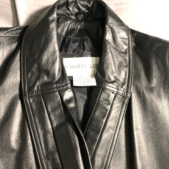 Vintage Charles Klein Womens Leather Trench Cota Small Black Button Front Biker - Picture 11 of 16